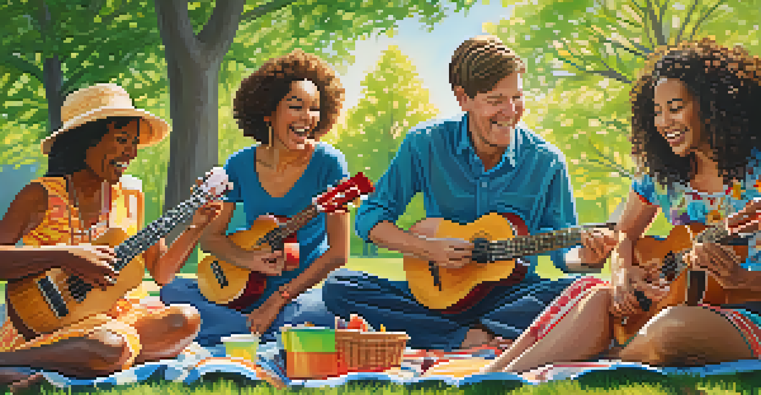 A diverse group of people playing ukuleles in a sunny park, surrounded by picnic blankets and trees.
