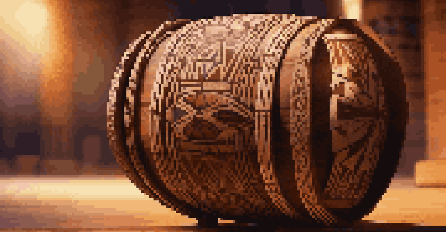 A close-up of a beautifully carved traditional African drum on a wooden stage, with blurred silhouettes of musicians in the background under soft lighting.