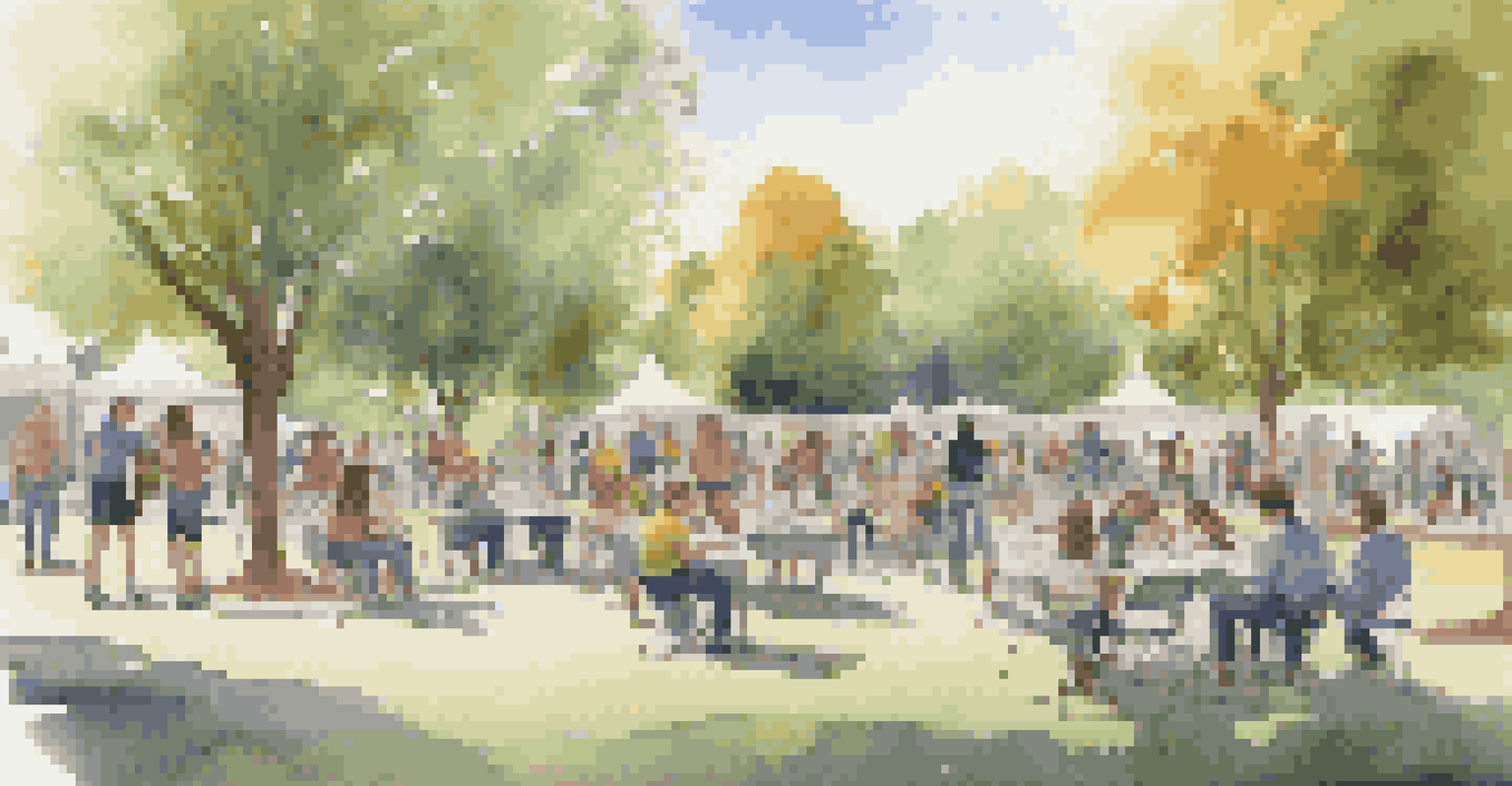 A group of young people organizing a concert in a park, setting up a stage and discussing plans, with trees and families in the background.
