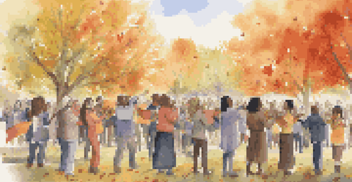 A diverse choir singing in a park, holding colorful banners for social justice, with autumn leaves and sunlight creating a warm atmosphere.