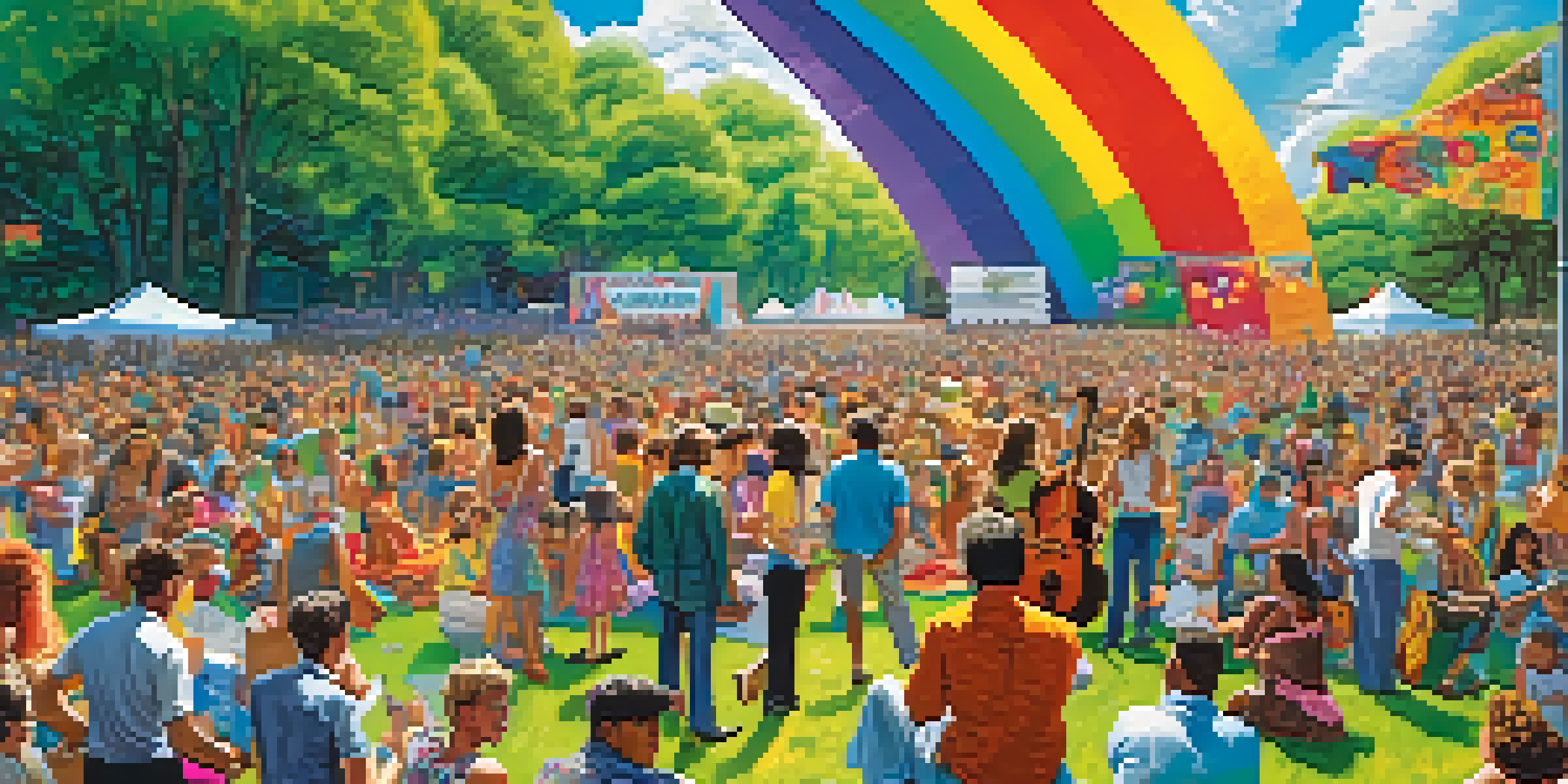 A lively 1960s music festival with a diverse crowd, colorful banners, and musicians on stage.