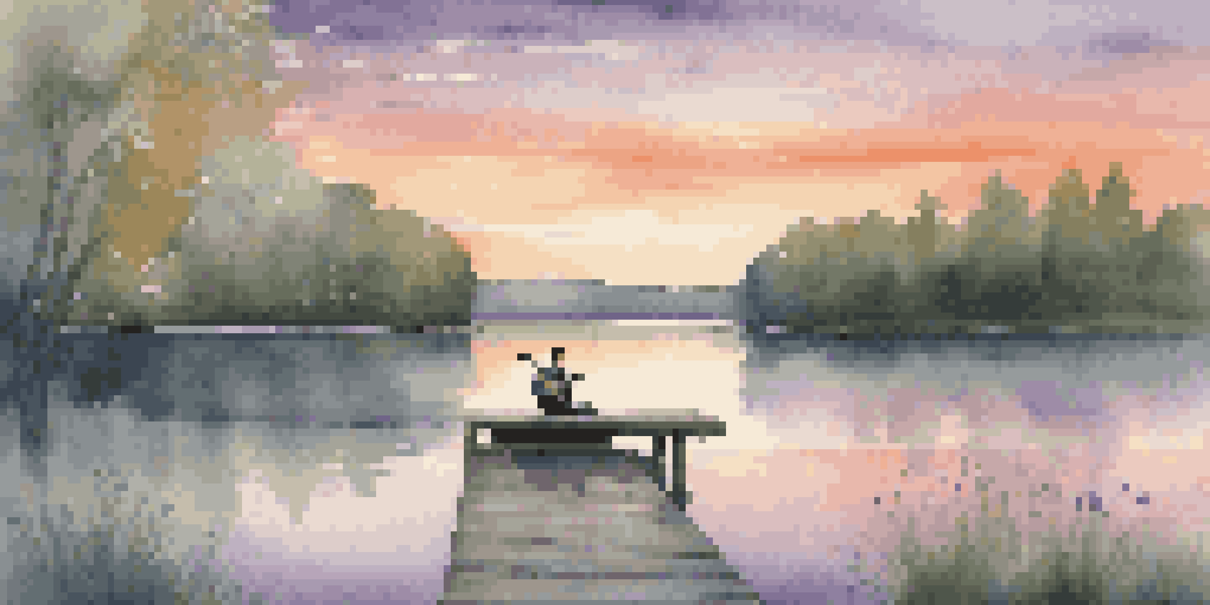 A tranquil lake at sunset with a musician playing guitar on a dock, surrounded by trees, creating a peaceful atmosphere.