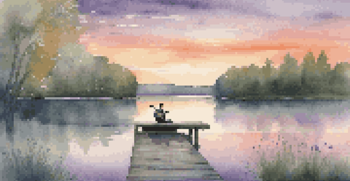 A tranquil lake at sunset with a musician playing guitar on a dock, surrounded by trees, creating a peaceful atmosphere.