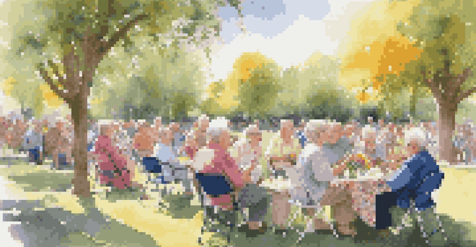 Older adults enjoying a live music performance in a sunny park, smiling and clapping.
