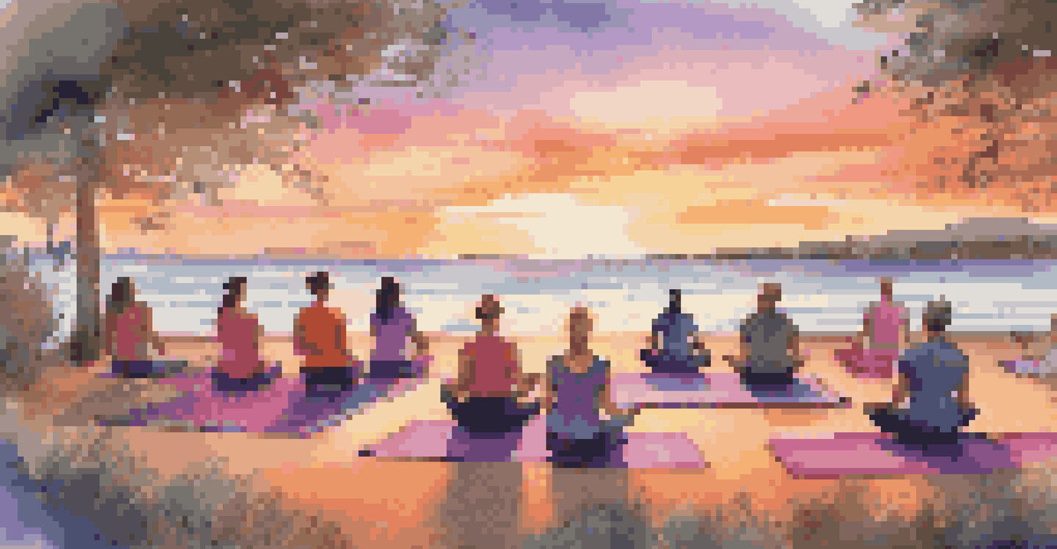 A group of yogis practicing yoga outdoors at sunset, surrounded by vibrant colors and nature.