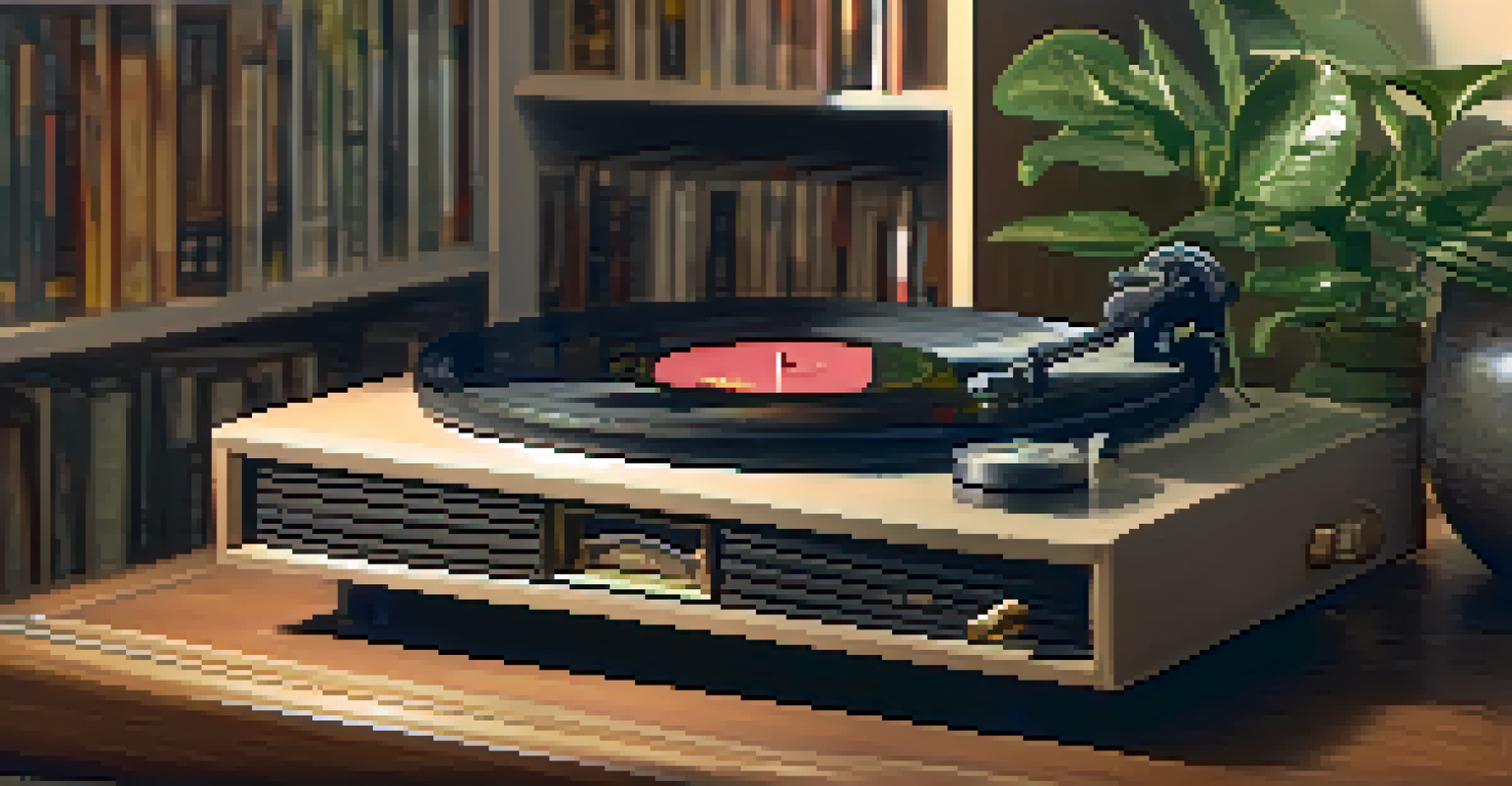 A close-up of a vinyl record player with a spinning record in a cozy room, surrounded by books and plants, highlighting the joy of music.