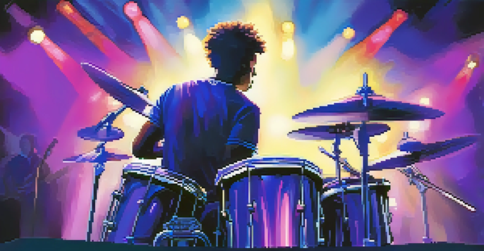 A drummer performing energetically under colorful stage lights with a blurred crowd in the background.