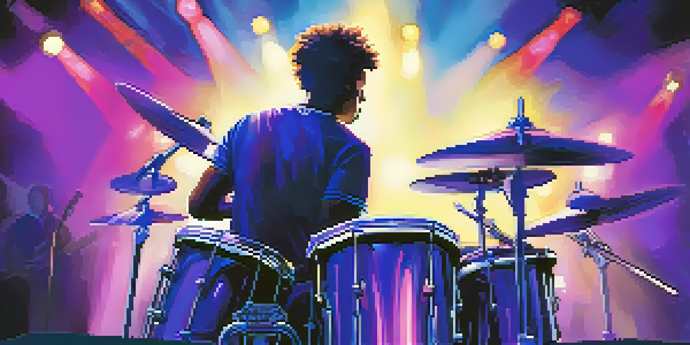 A drummer performing energetically under colorful stage lights with a blurred crowd in the background.