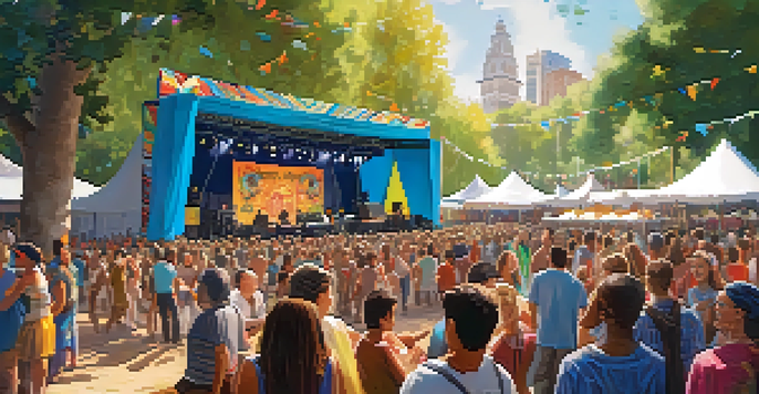 A lively outdoor music festival with a diverse crowd enjoying performances, colorful banners, and food stalls.