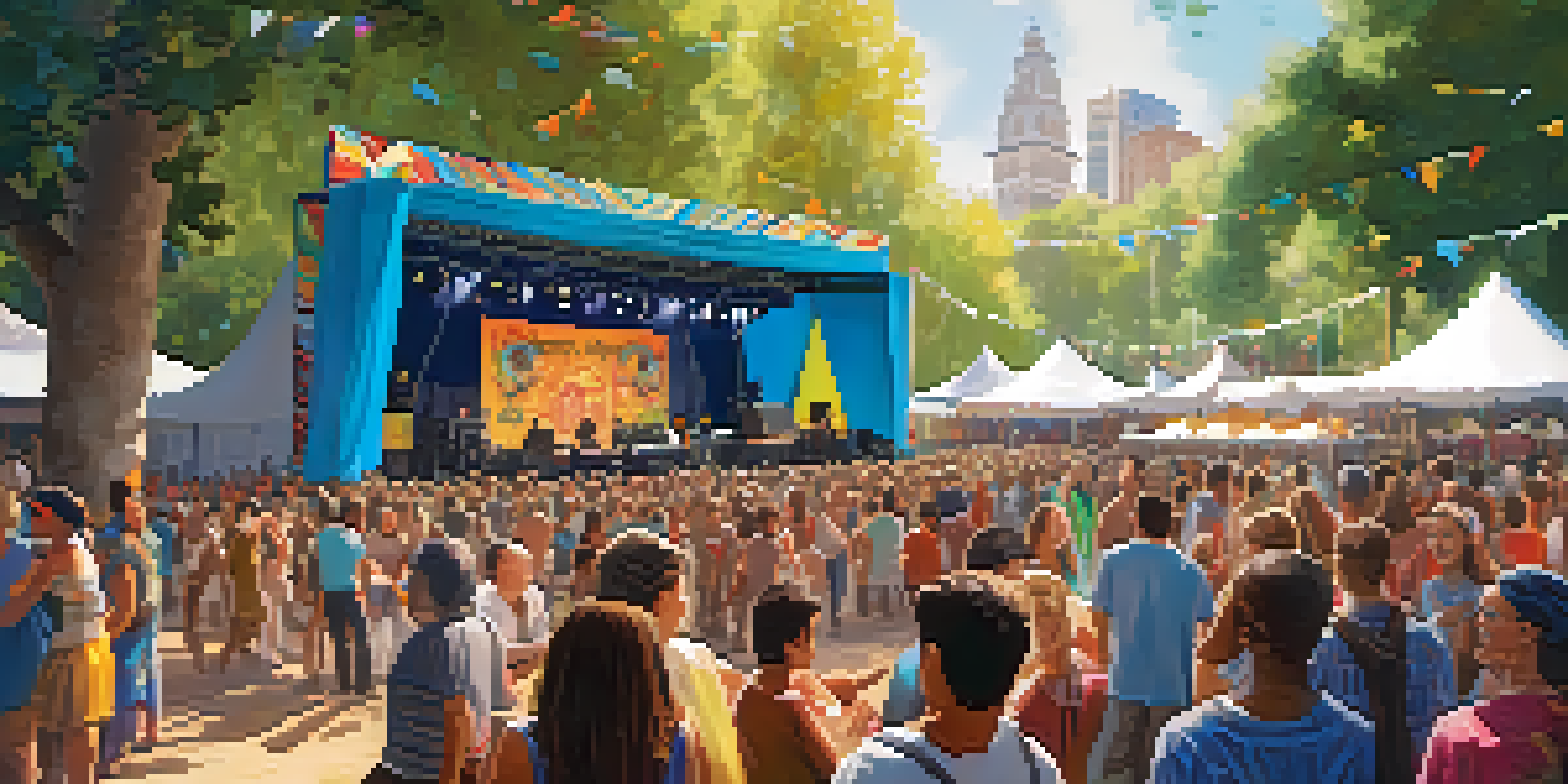 A lively outdoor music festival with a diverse crowd enjoying performances, colorful banners, and food stalls.