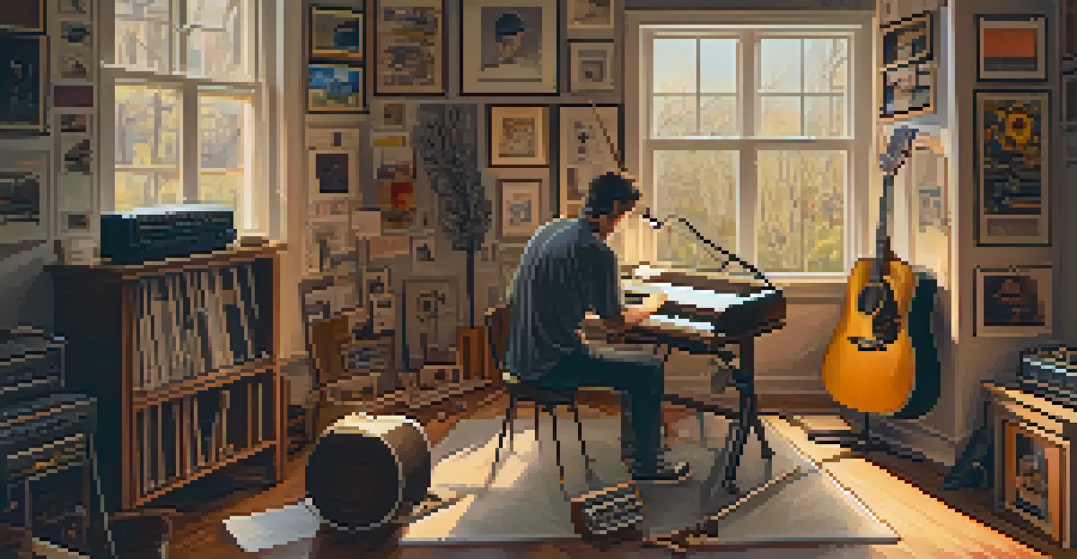An artist in a cozy studio, writing lyrics with musical instruments around, warm lighting, and personal mementos on display.