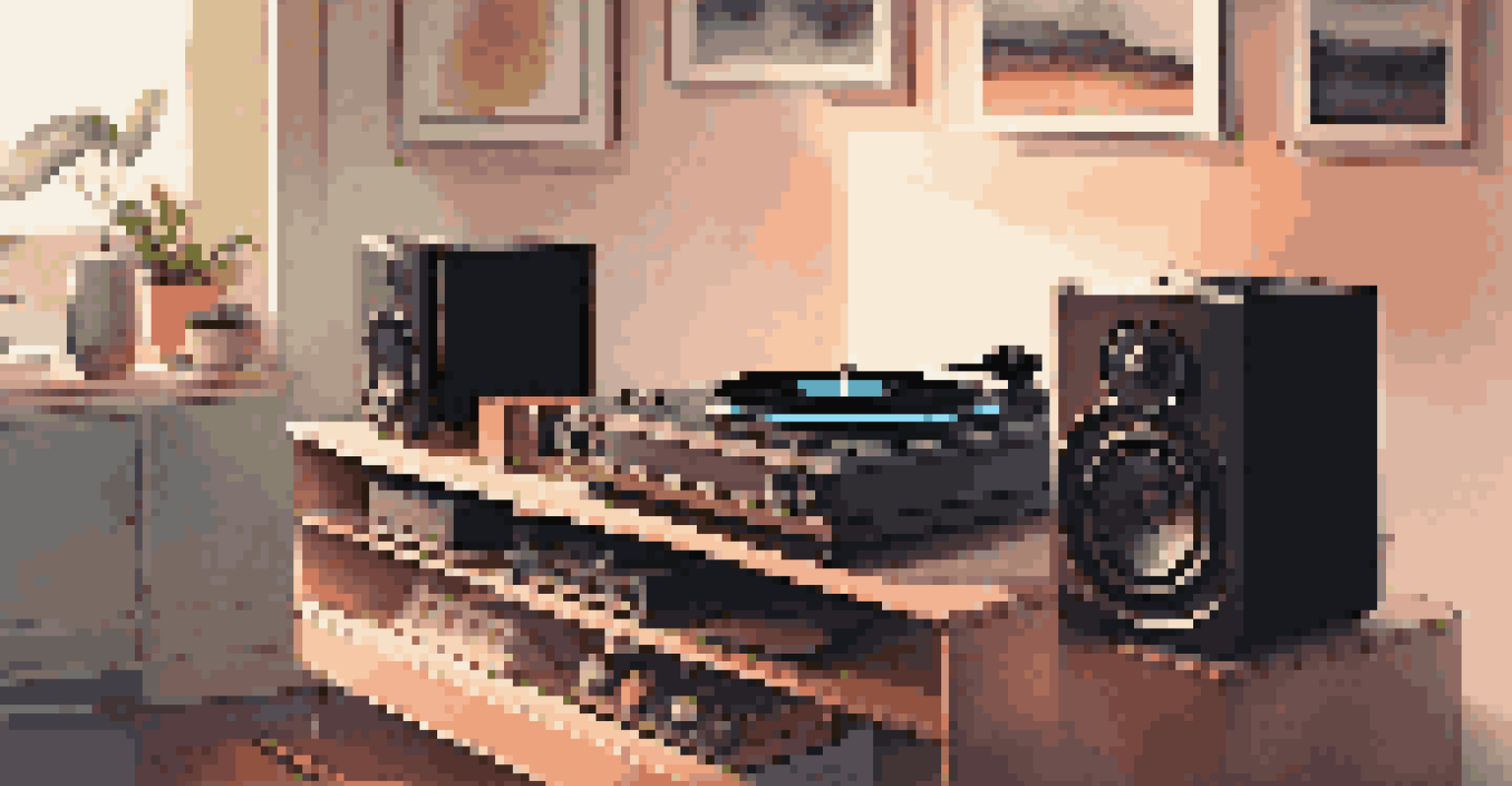 A cozy home listening setup with a turntable, vinyl records, and wireless speakers, surrounded by ambient lighting and framed album covers.