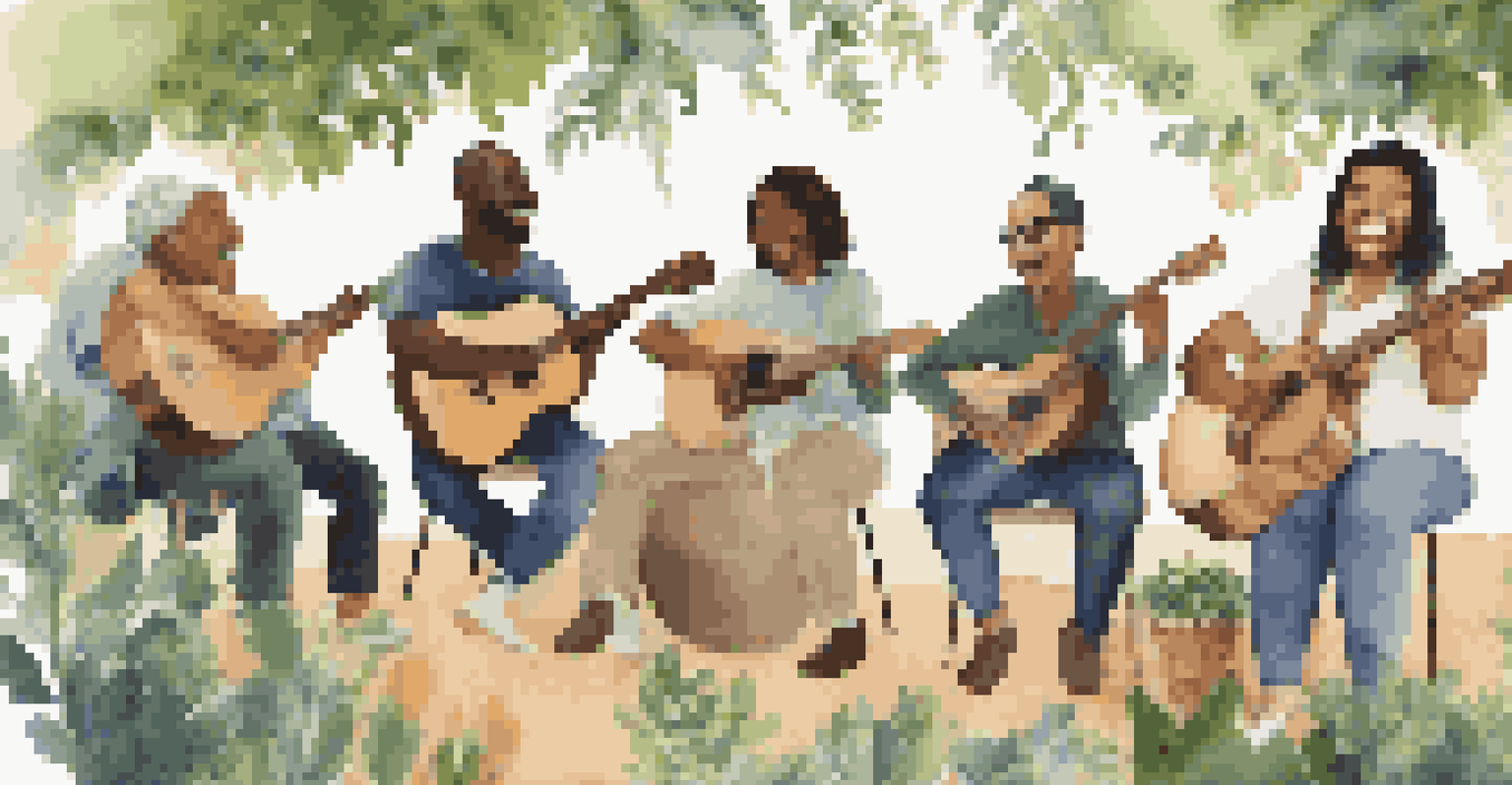 A diverse group of individuals participating in a joyful music therapy session outdoors, showcasing connection and emotional healing.