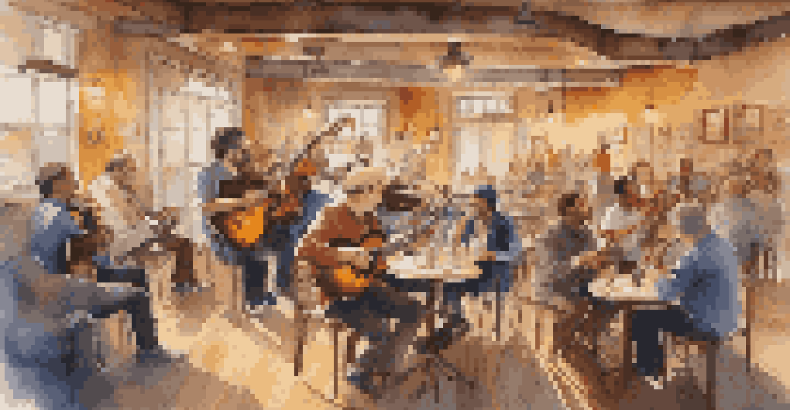Musicians participating in a vibrant jam session at a café, surrounded by instruments and engaged in music.