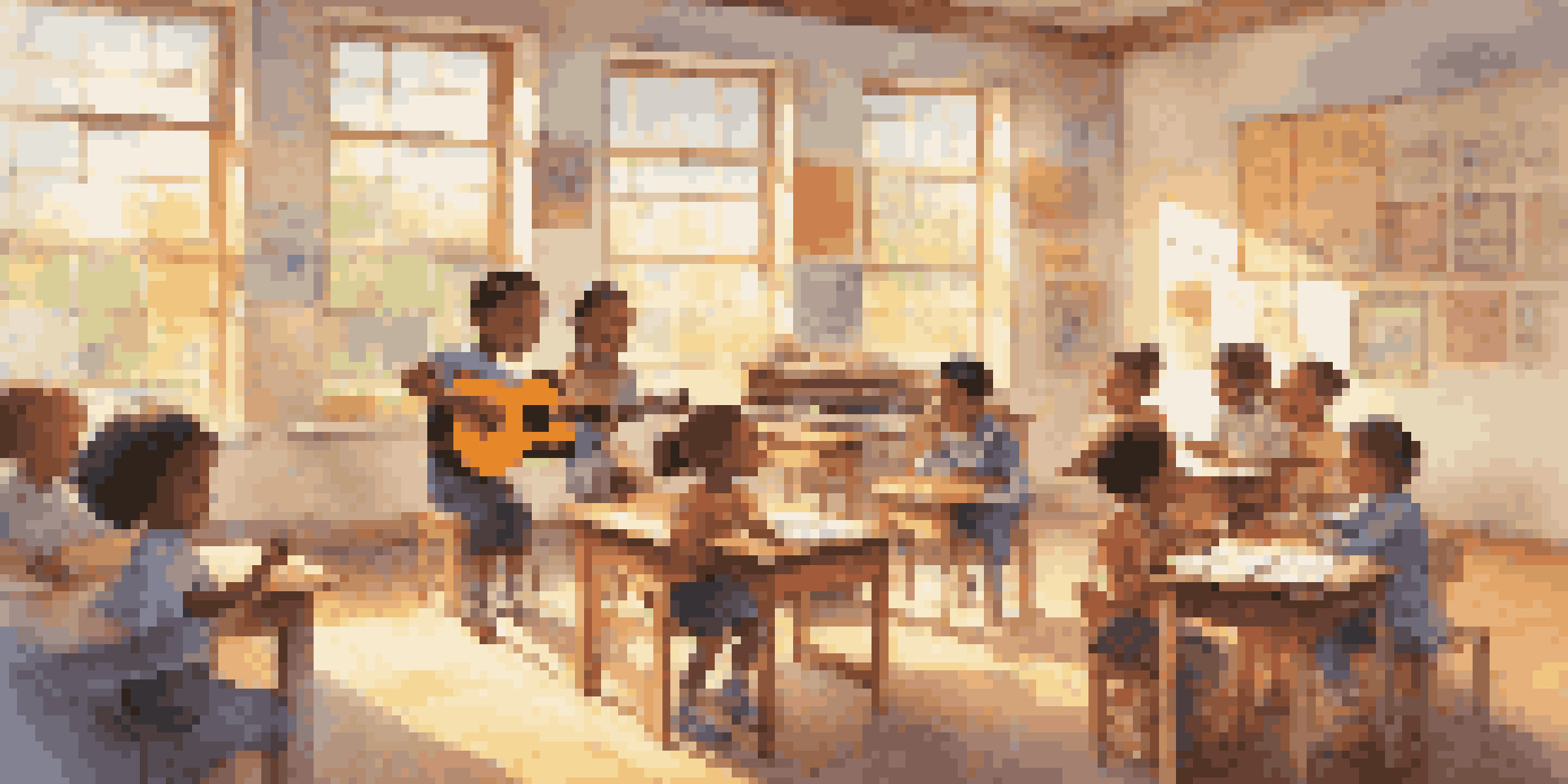 A classroom with children learning music, a teacher playing guitar, and sunlight streaming through the windows.