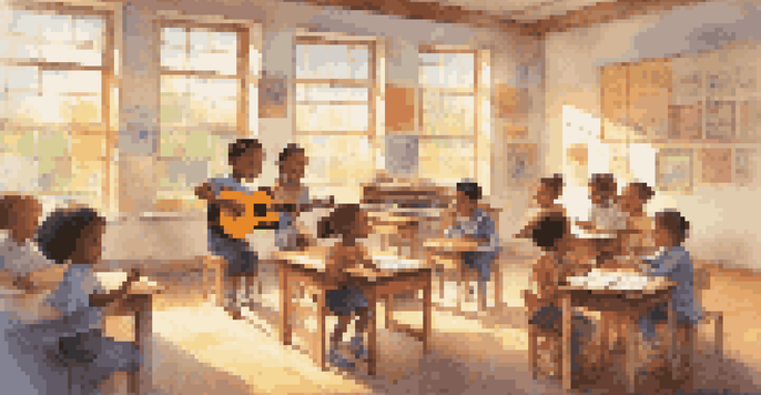 A classroom with children learning music, a teacher playing guitar, and sunlight streaming through the windows.