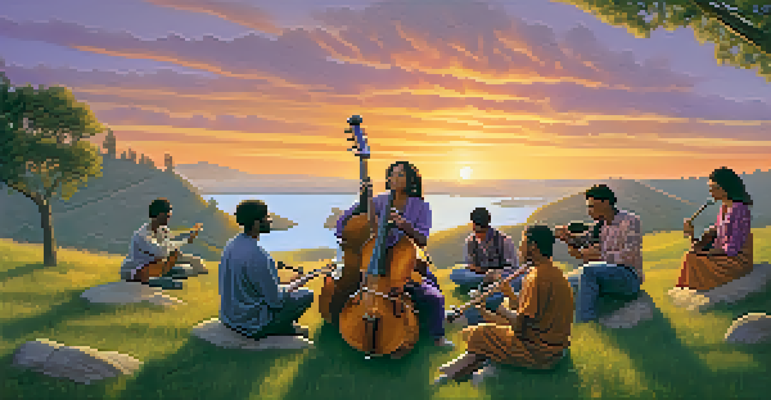 A serene landscape with musicians collaborating on a grassy hill, surrounded by nature and a colorful sunset.