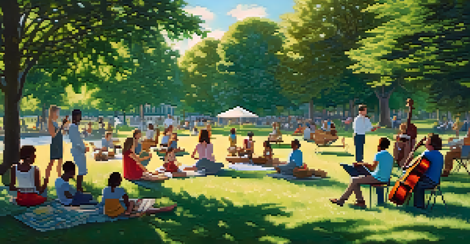 A diverse group of people enjoying music in a sunny park, with trees and green grass around them.