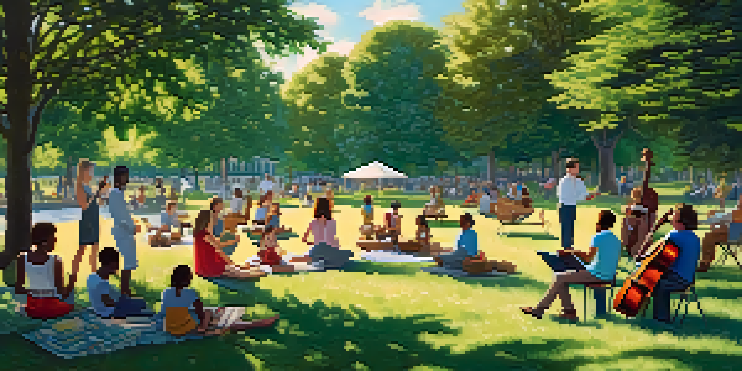 A diverse group of people enjoying music in a sunny park, with trees and green grass around them.