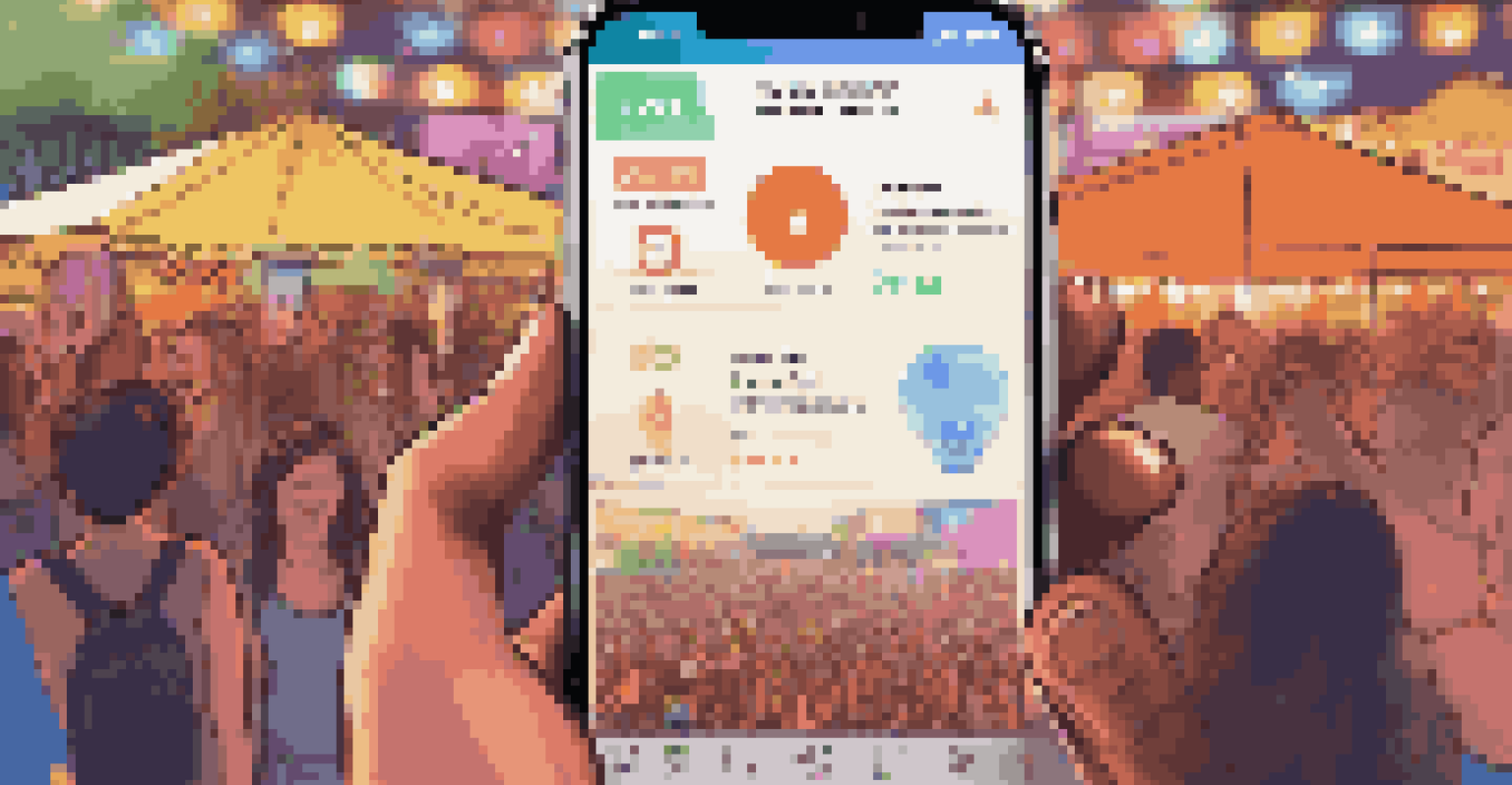A smartphone displaying a festival app interface with updates on set times and food orders, set against a colorful festival background.