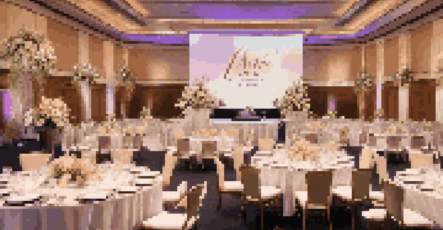 An elegantly arranged event space with round tables, floral centerpieces, and a stage set for a presentation, illuminated by soft ambient lighting.