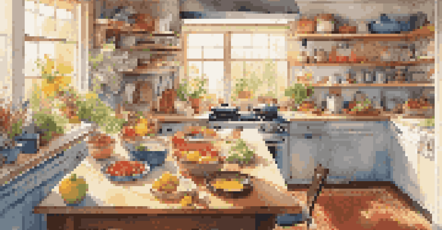 A person cooking in a bright kitchen, enjoying music with colorful ingredients on the counter.