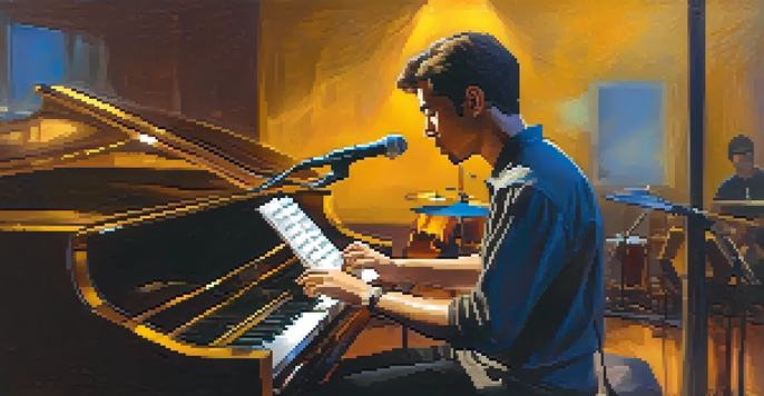 A musician on stage practicing, with soft lights and blurred background, focusing on their warm-up routine.