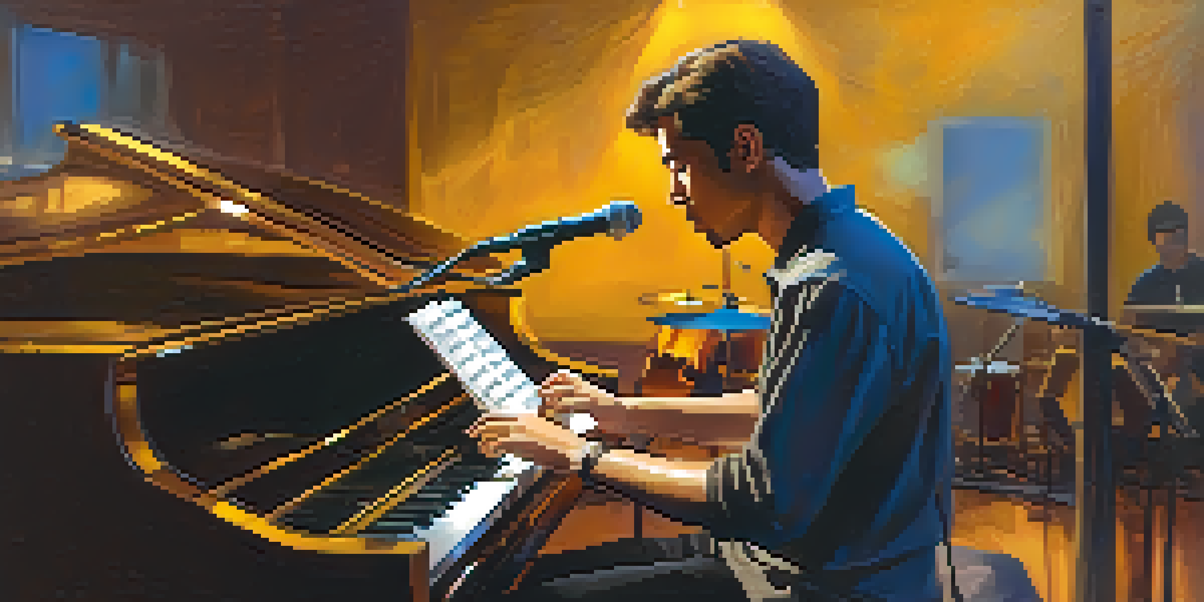 A musician on stage practicing, with soft lights and blurred background, focusing on their warm-up routine.