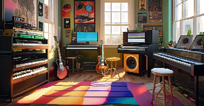A lively music studio featuring various instruments and a digital workstation, illuminated by sunlight from large windows.