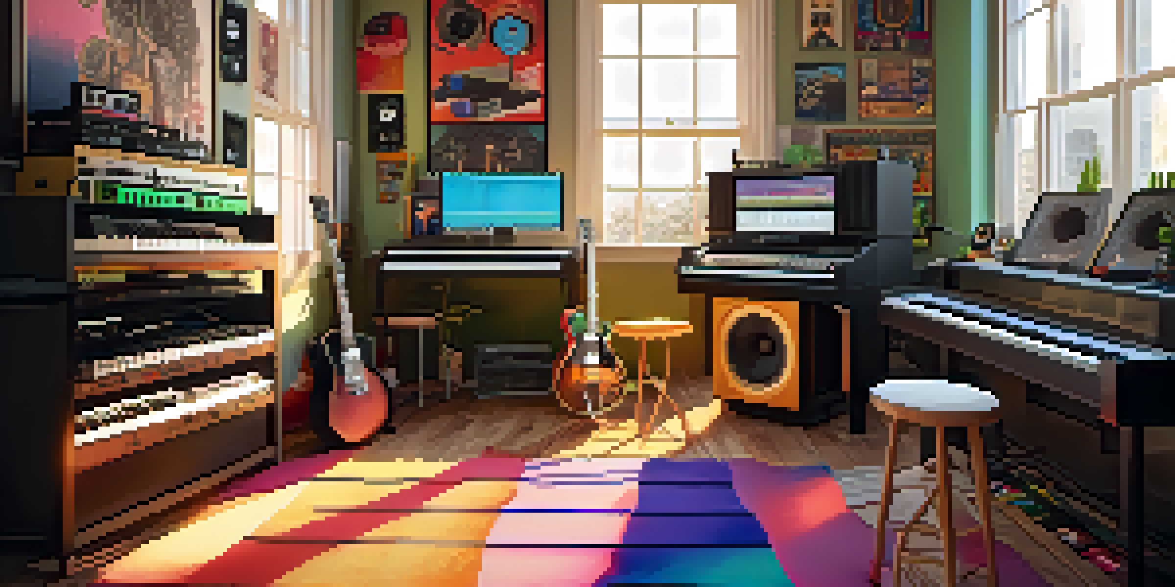 A lively music studio featuring various instruments and a digital workstation, illuminated by sunlight from large windows.