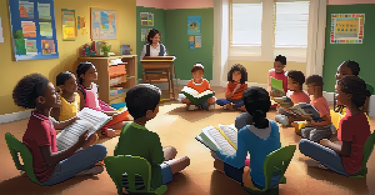 Children singing together in a circle in a cozy classroom, surrounded by educational posters and instruments, with warm lighting.
