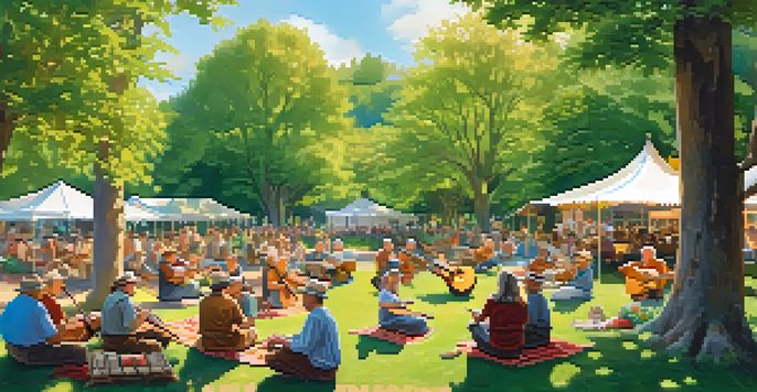 A lively folk music festival in a park, with seniors playing traditional instruments and colorful banners in a sunny setting.