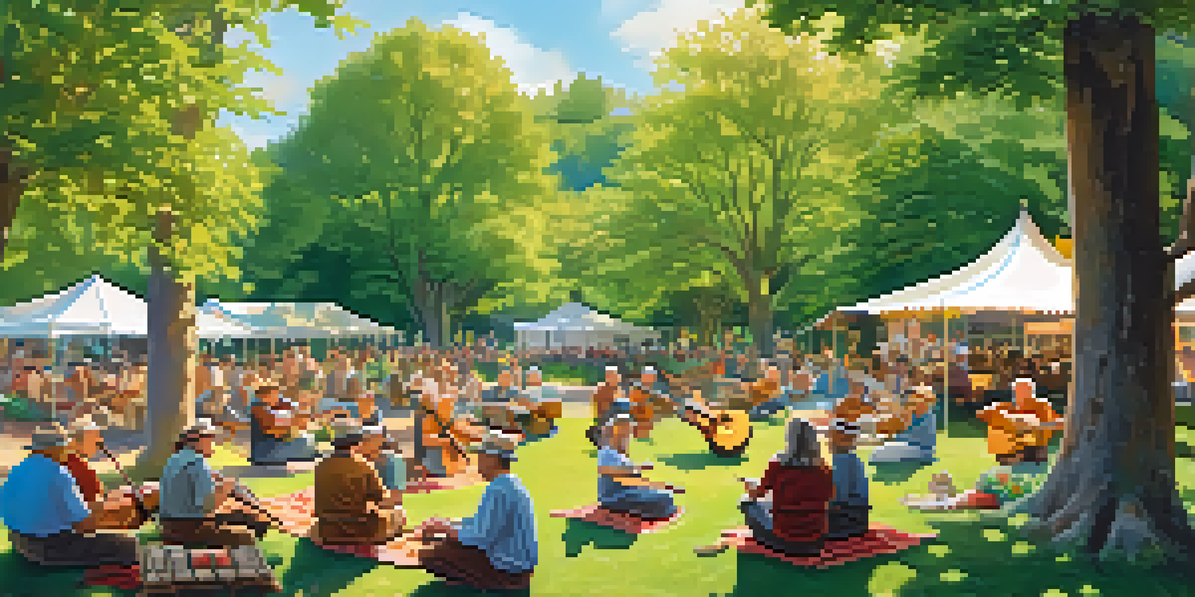 A lively folk music festival in a park, with seniors playing traditional instruments and colorful banners in a sunny setting.