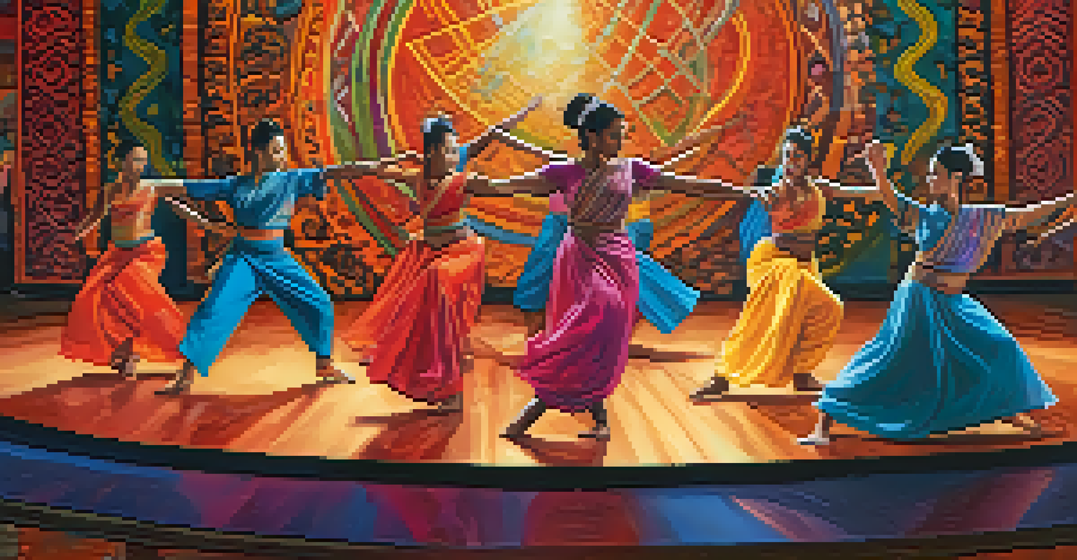 A vibrant fusion dance performance with dancers from various cultures showcasing their unique styles against colorful backdrops.