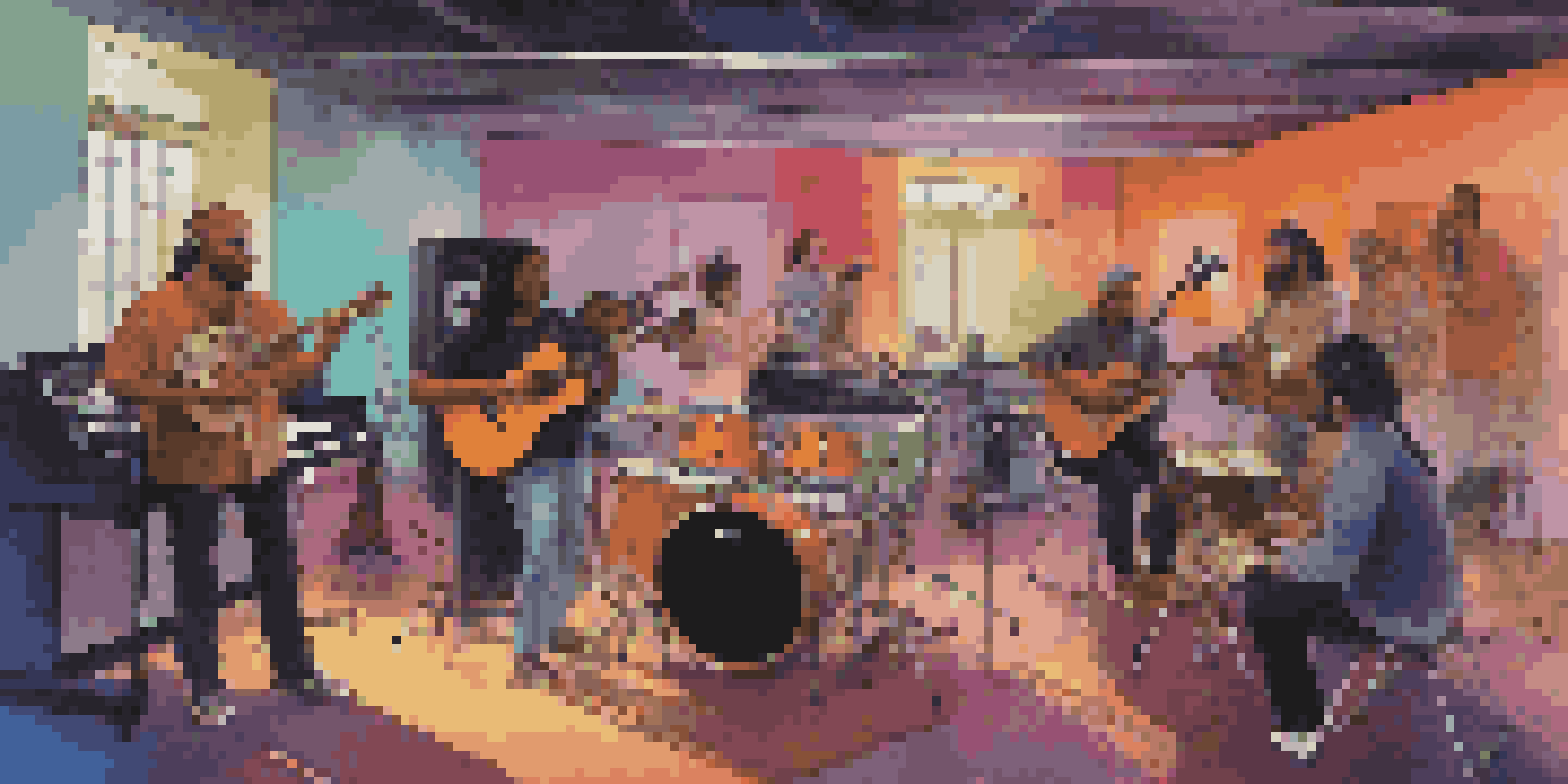 A diverse group of musicians collaborating in a modern studio, with various instruments and colorful lights.