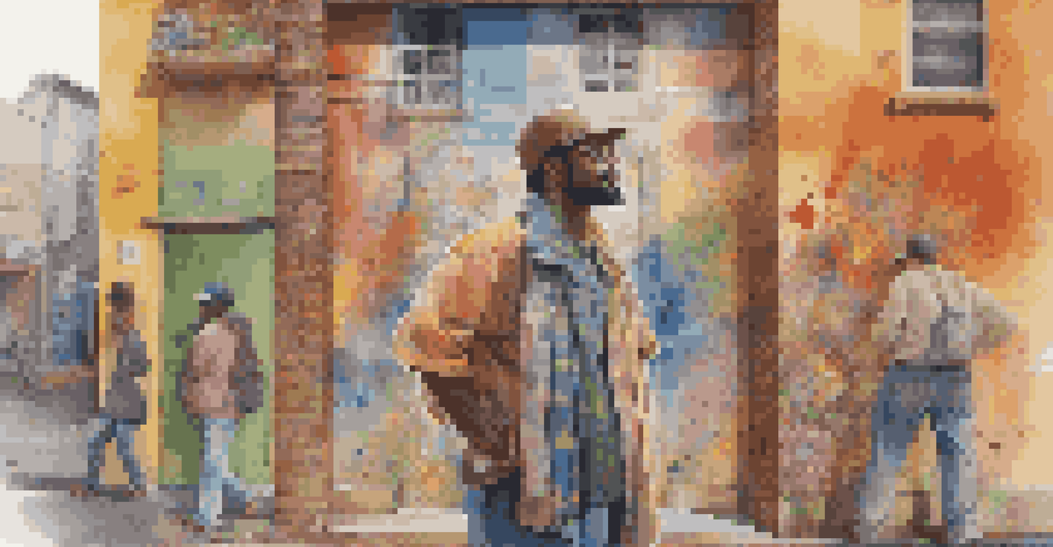 An artist in front of a colorful mural, holding a paintbrush and contemplating the artwork, with paint splatters on their clothes.