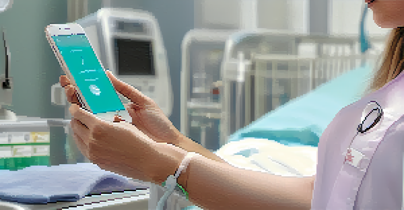 A close-up of a hand using a smartphone to choose music in a hospital, with a nurse and patient in the background.