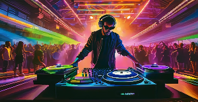 A DJ performing with colorful lights and video projections, while the audience dances energetically.