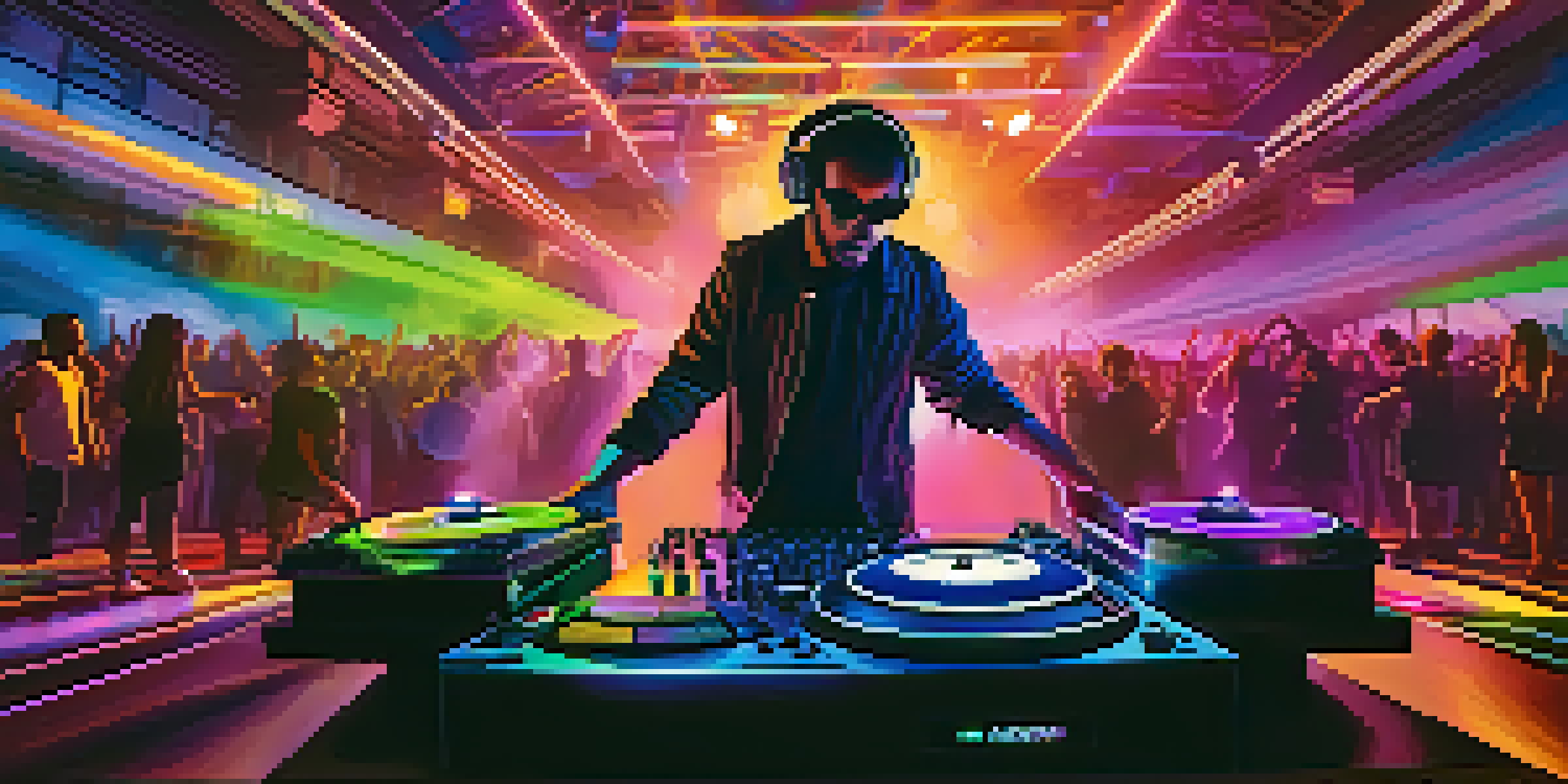 A DJ performing with colorful lights and video projections, while the audience dances energetically.