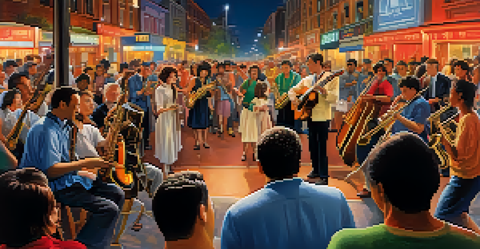 A lively street scene with musicians playing jazz and rock music, surrounded by a diverse crowd dancing.