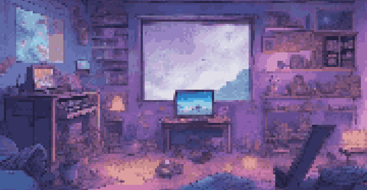 A gamer immersed in a vibrant video game, with musical notes resonating from the screen in a dimly lit room with blue and purple hues.