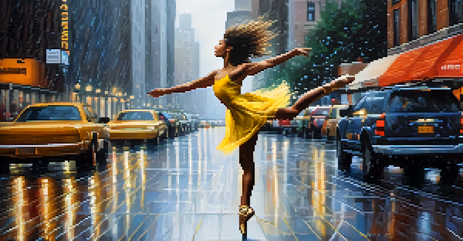 A dancer in motion, inspired by the sound of rain, with a cityscape background under a rainy sky, showcasing dynamic footwork.