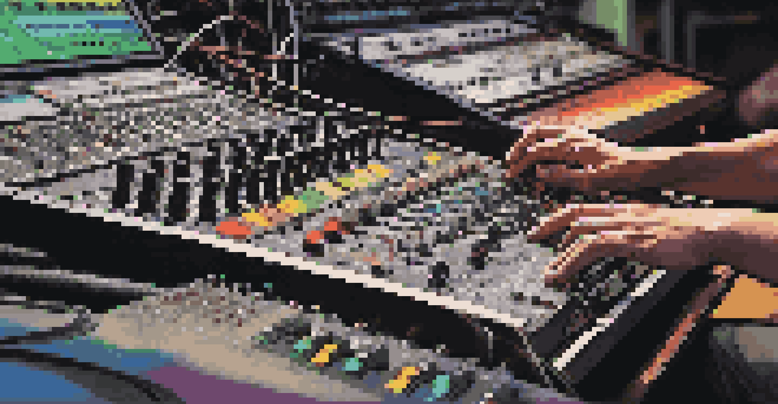 Sound engineer adjusting a soundboard with a focus on subwoofer settings during a live event.