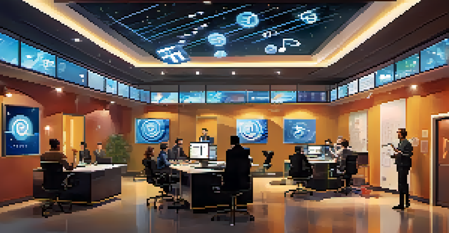 A modern marketing office with a team brainstorming music ideas, surrounded by floating musical notes and digital screens.