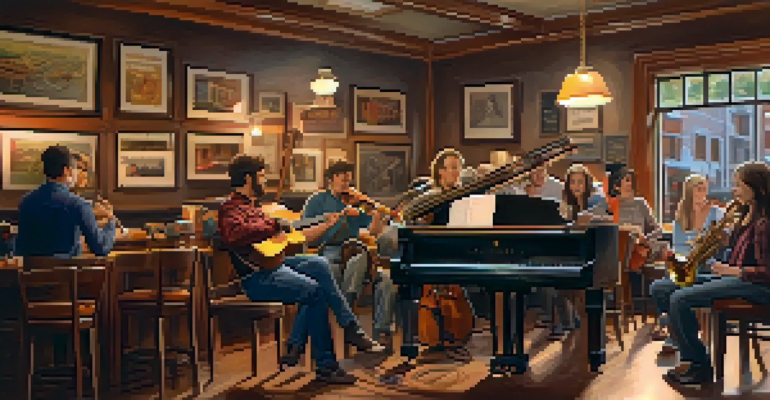 A warm coffee shop with musicians performing, highlighting a community program that supports music education.