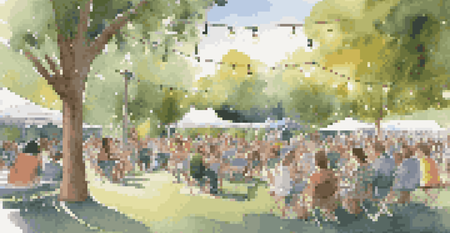 A lively outdoor concert in a park featuring local musicians, with an audience enjoying the performance under fairy lights.