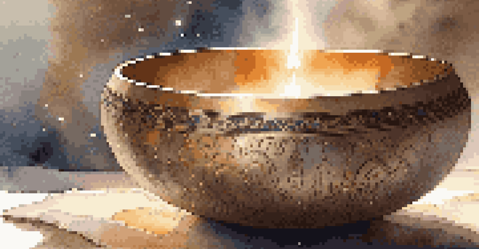 A detailed close-up of a singing bowl during a sound healing session, surrounded by stones and crystals.