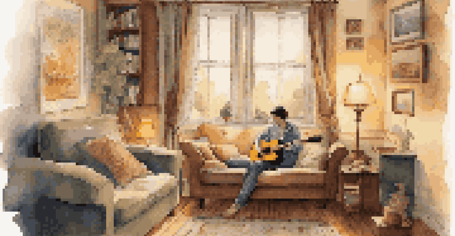 A person playing guitar in a cozy living room filled with warm light, symbolizing the healing power of music.
