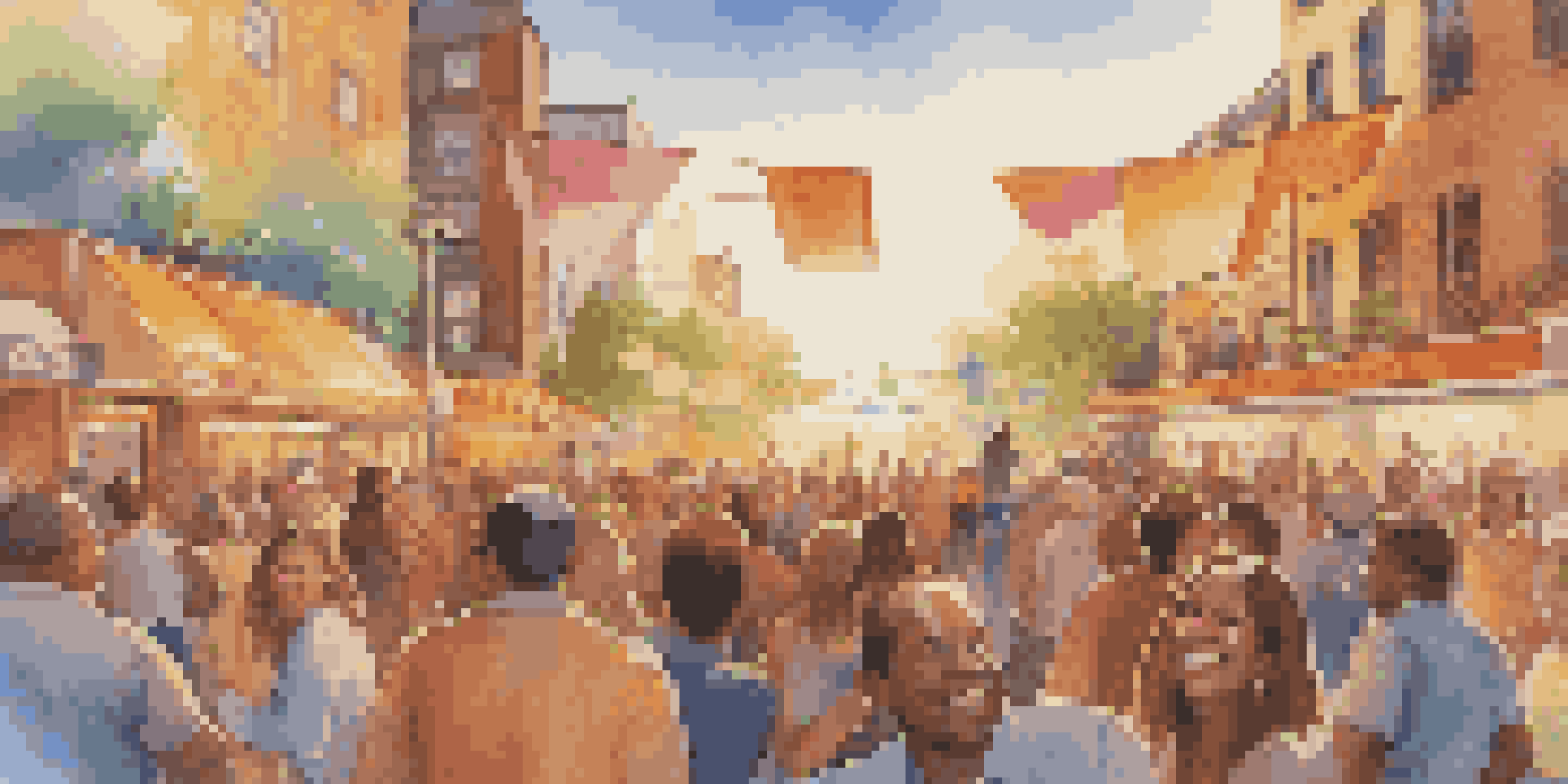 A diverse group of people enjoying an outdoor event with a large screen showing a commercial featuring popular music, surrounded by colorful banners and musical notes.