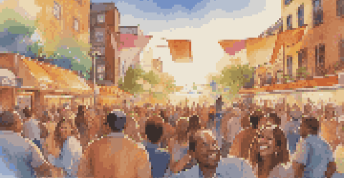 A diverse group of people enjoying an outdoor event with a large screen showing a commercial featuring popular music, surrounded by colorful banners and musical notes.